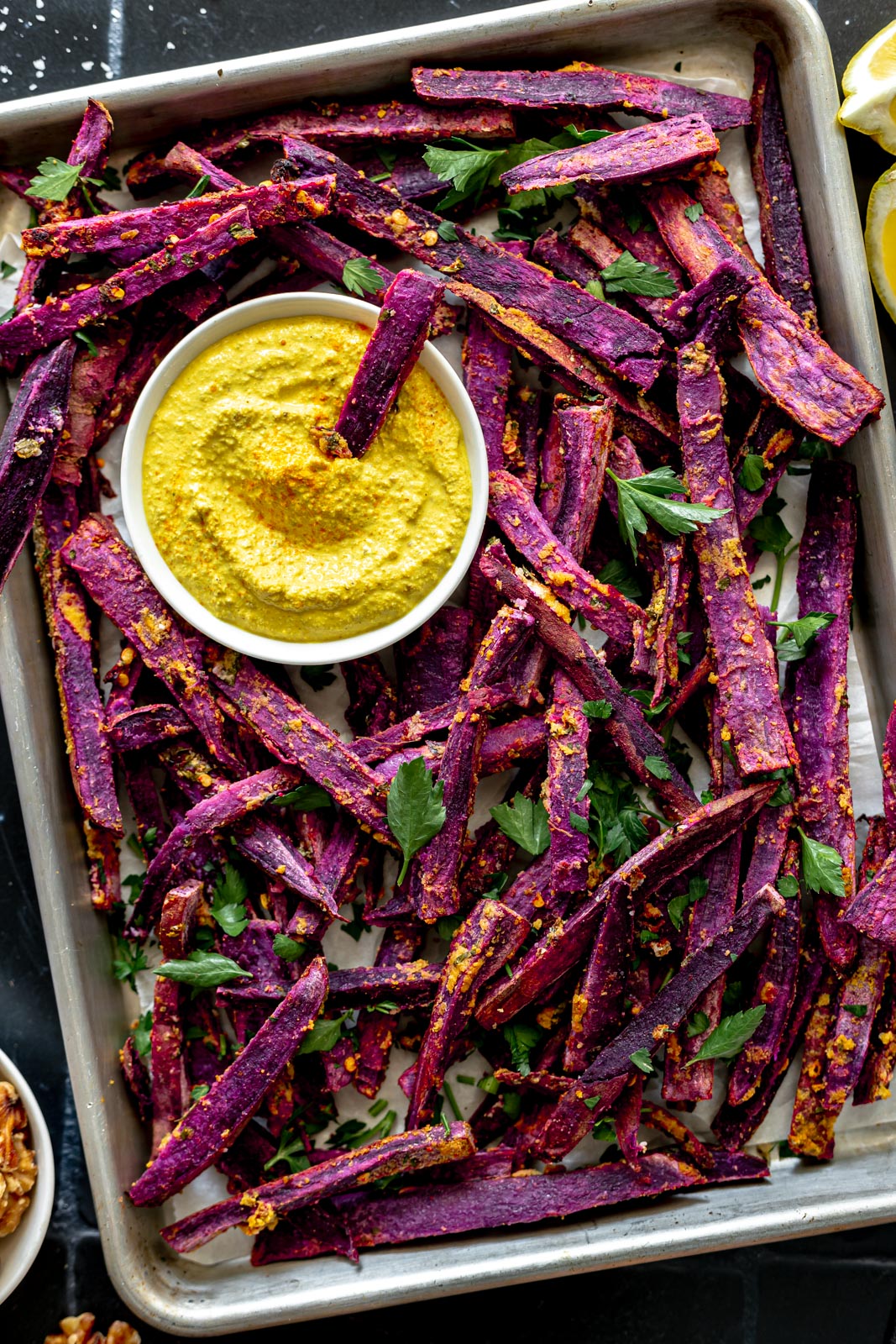 OilFree Purple Sweet Potato Fries with Walnut Turmeric Aioli